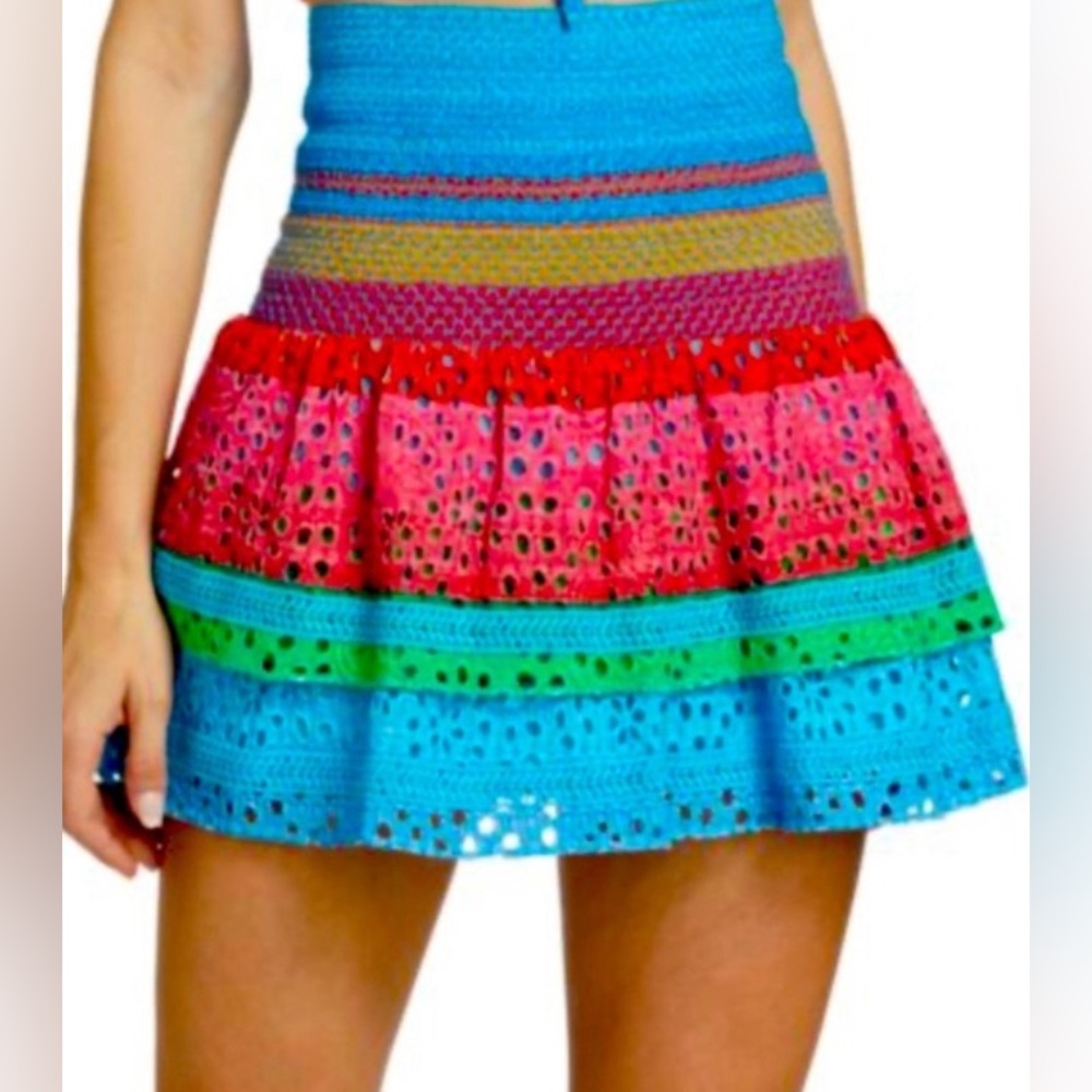 Alice + Olivia Women's Blue Bethie Smocked Cotton Tiered Mini Skirt